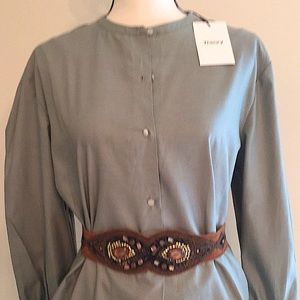 Theory Long Sleeve Tunic Button Front Celadon Green Cotton Yoke Back Sz Lg NWT